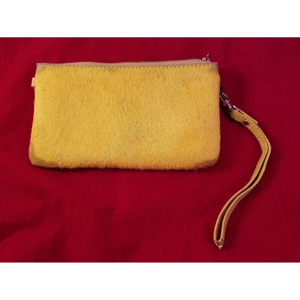 Monserat De Lucca Yellow Calf Hair Leather Wristlet Clutch Bag Card Slots